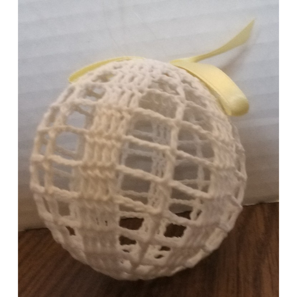 White With Yellow Bow Crocheted Round Christmas Ornament